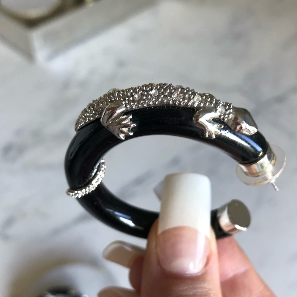 Unique Silver Gecko Hoops With Rhinestones